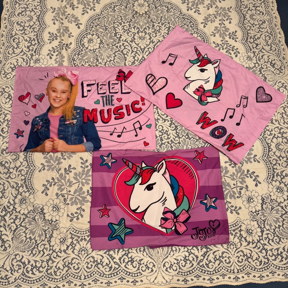 Lot of 3 Jojo Siwa Purple Pillowcases Nickelodeon Feel the Music Unicorn